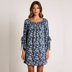 Honeyme Blue Floral Smocked Bell Sleeve Mini Dress Peasant Boho Size Large